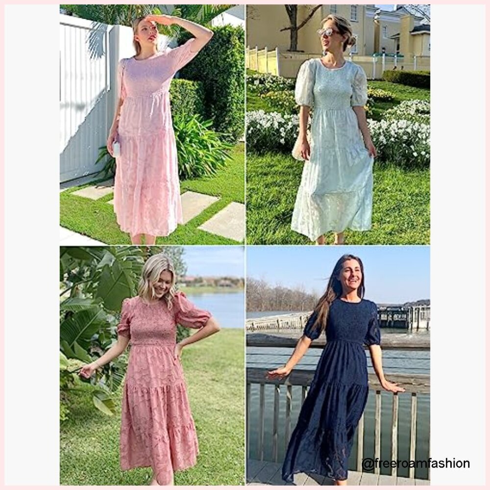 Puff Sleeve Smocked Floral Midi Dress, Crewneck Lace Tiered Summer Dress - Picture 6 of 7